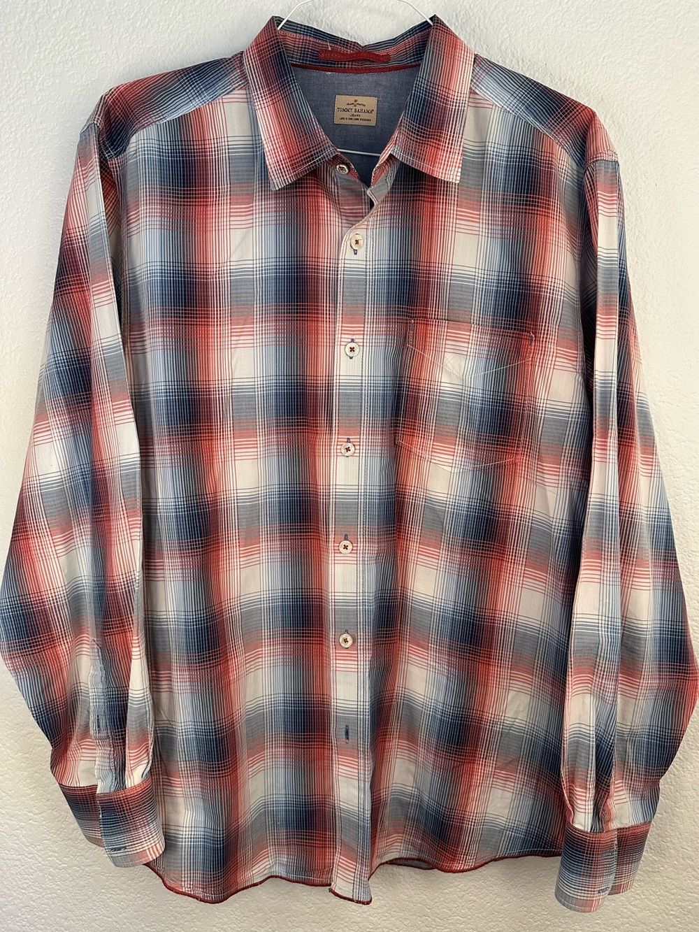 Tommy Bahama Jeans Men’s XL Plaid Long Sleeve Button Down Shirt Red Blue Cotton